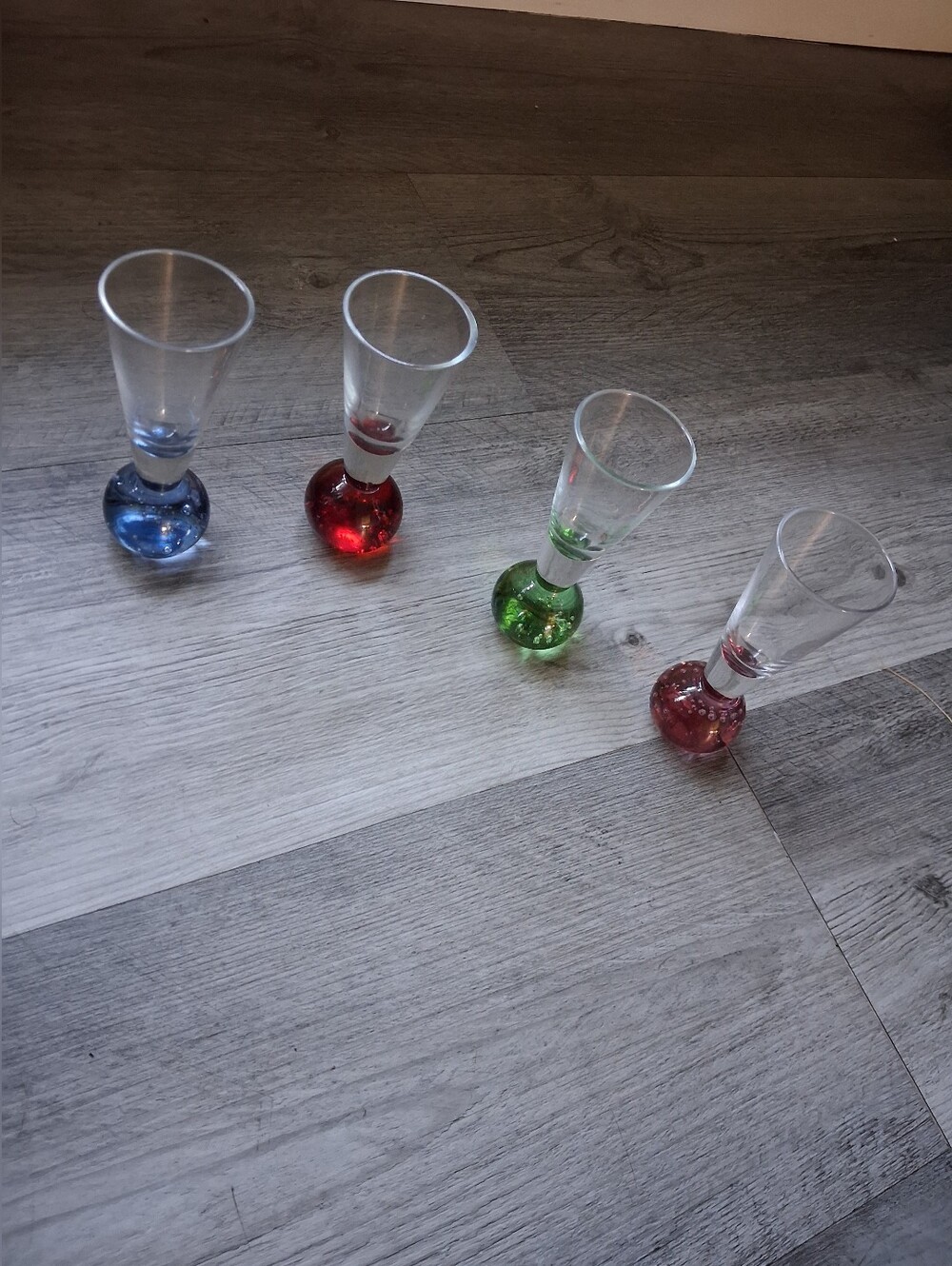 Set of 4 Stemmed Shot Glasses with Colored Bubble Bases